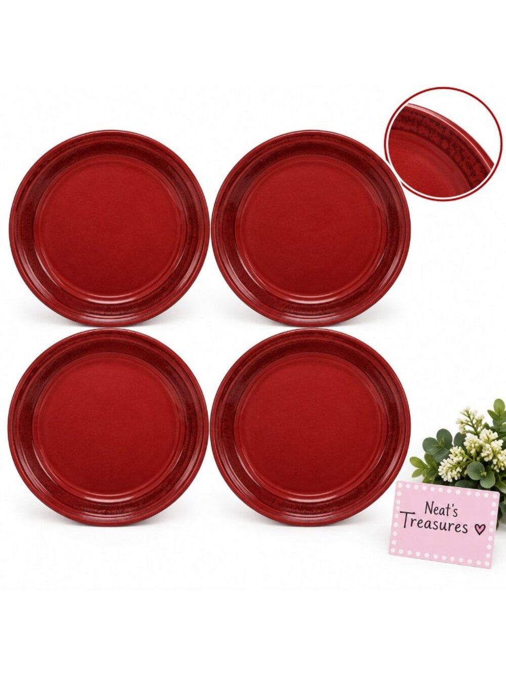 Mainstays RAINFOREST RED SEDONA Embossed Ring Stoneware Dinner Plates Set of 4